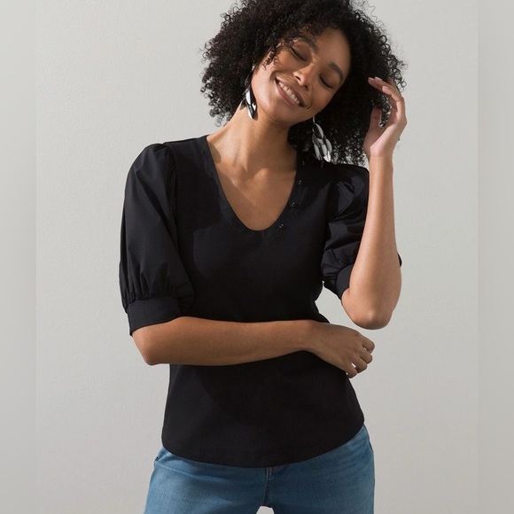 Nation ltd puff sleeve v neck ribbed top size small black - Picture 1 of 4